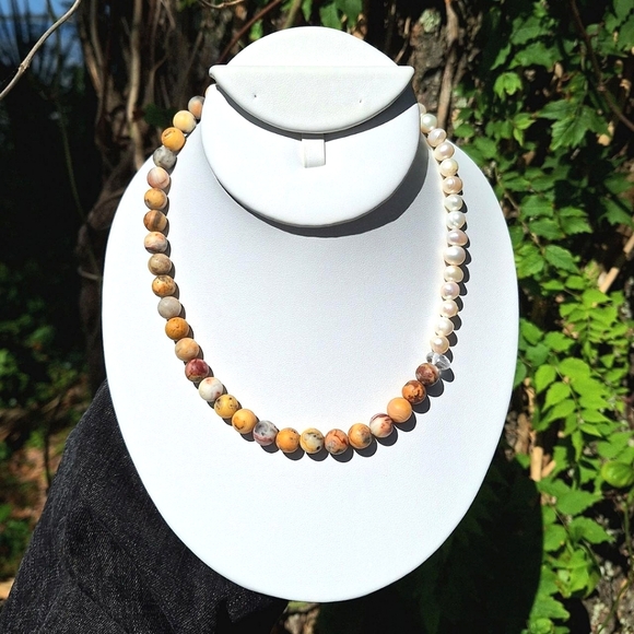 Lace Agate, Freshwater Pearl Necklace ~ Handcrafted Jewelry - Picture 1 of 10
